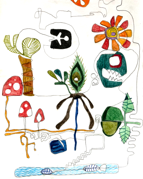 The Walking Line — a mixed-media drawing with a flower, fish, trees, mushrooms and a continuous walking line