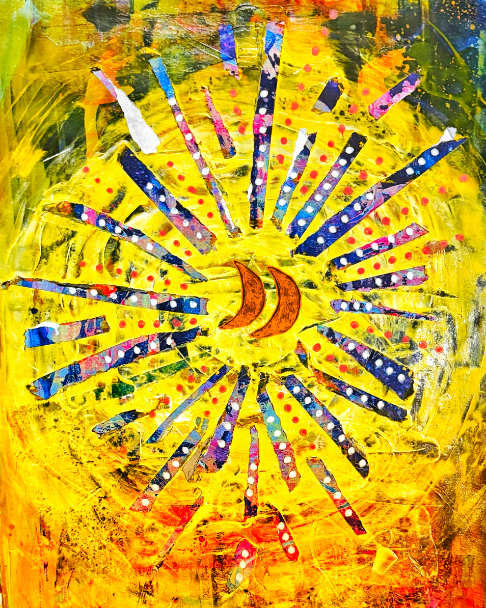 Mixed-media sunburst artwork with a crescent moon at its centre